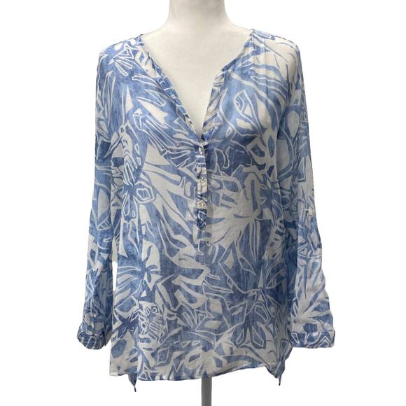 Grand & Greene Blue White Tropical Sheer Tunic Blouse L Roll Tab Sleeve Top - Picture 5 of 15